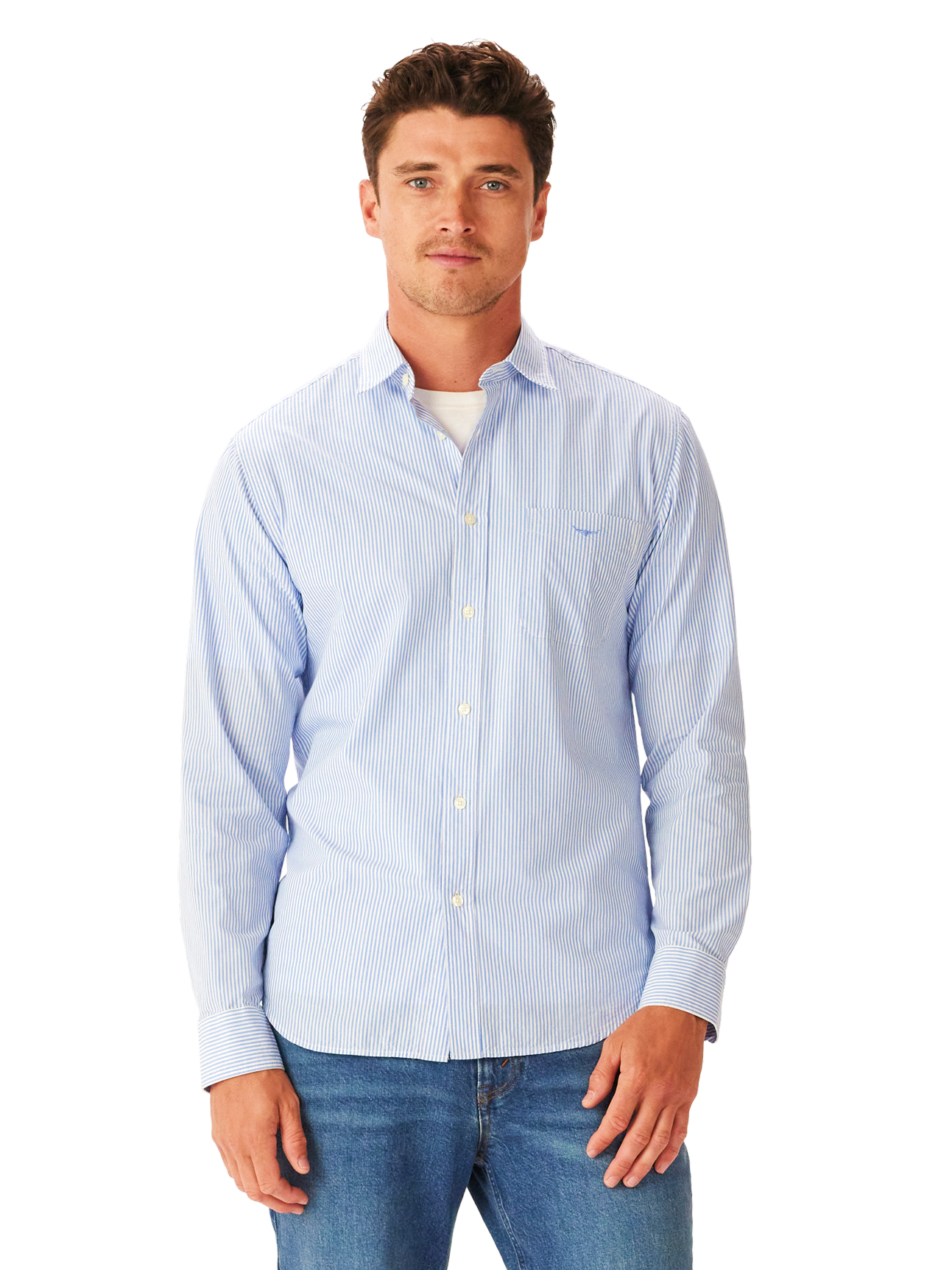 RM Williams W25 Regular Poplin Stripe Shirt - Blue White