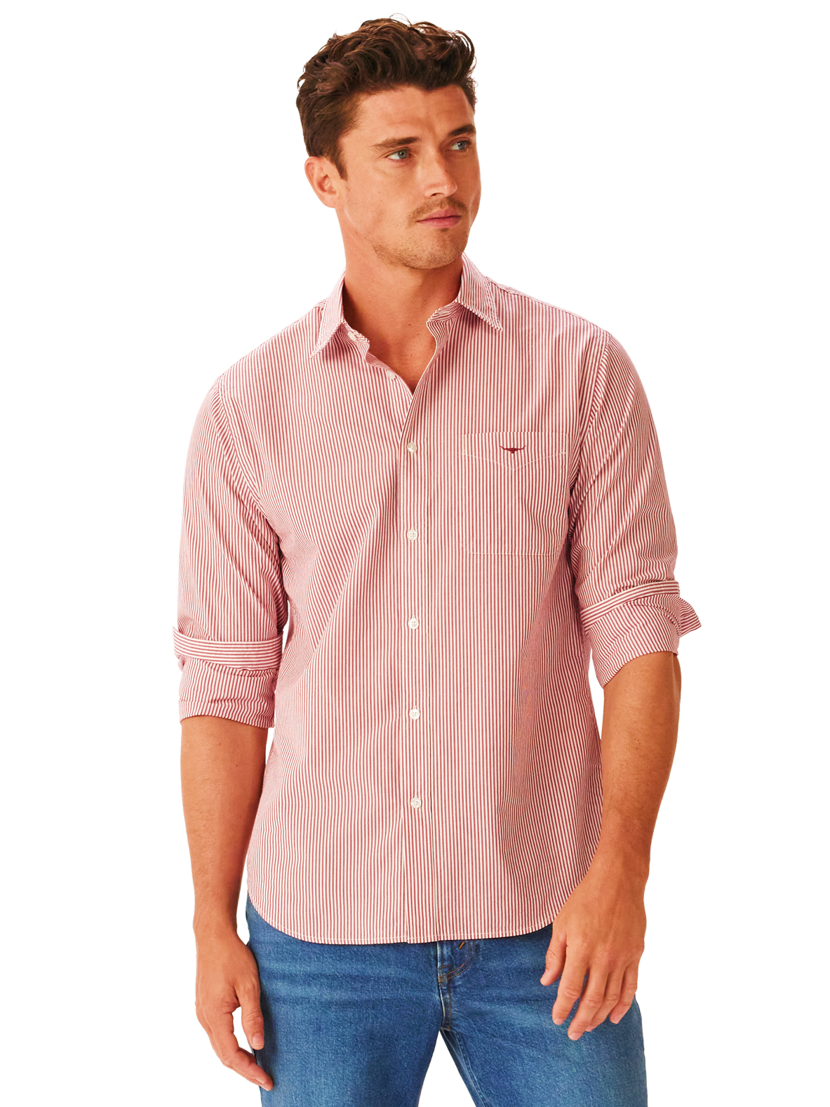 RM Williams W25 Regular Poplin Stripe Shirt - Red White