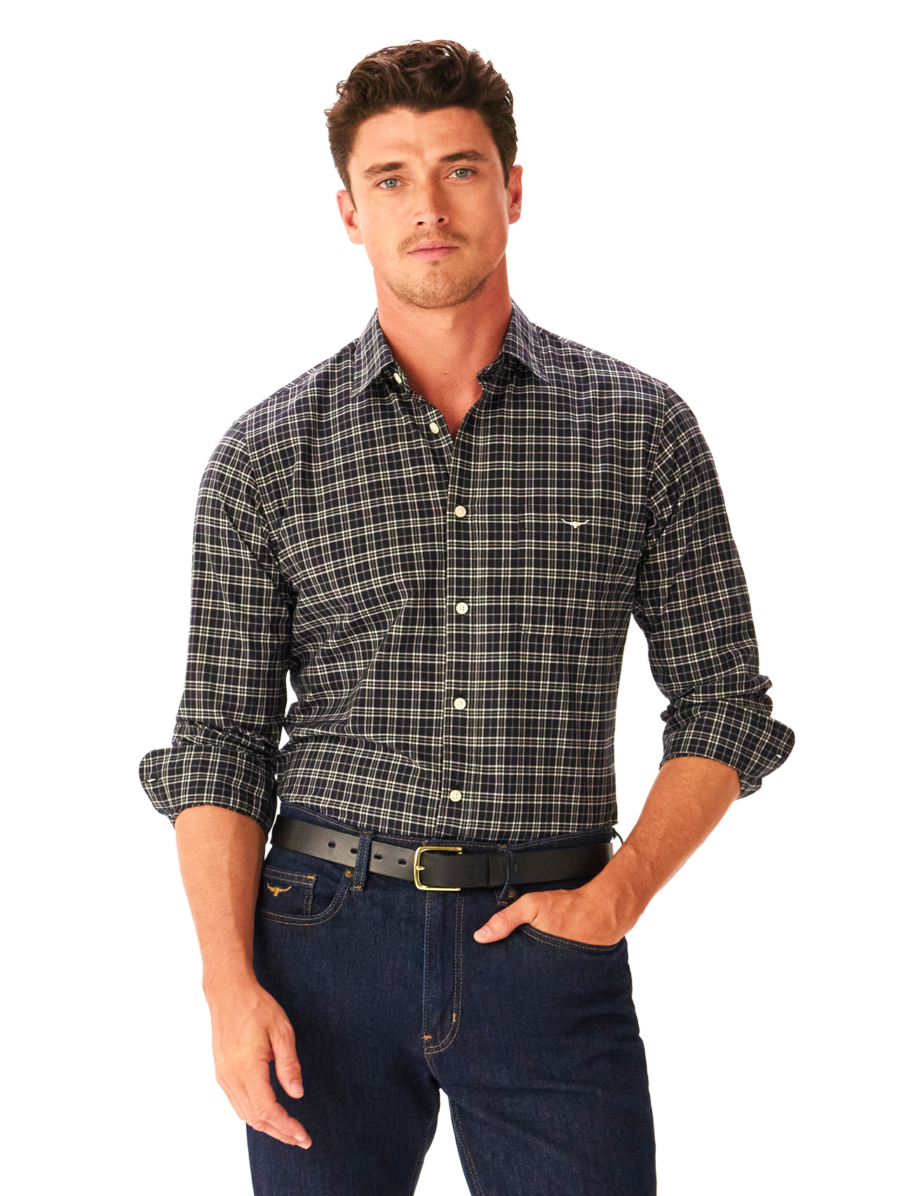 RM Williams W25 Regular Poplin Check Shirt - Black White