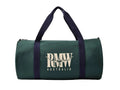 A dark green canvas duffel bag with navy blue handles and a cream-colored 'RAW AUSTRALIA' logo printed on the front, set against a plain light gray background.